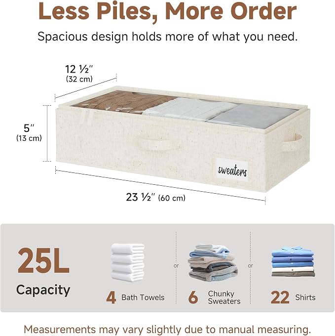 StorageWorks 5 Inch Low Profile Under Bed Storage Containers with Clear Lid | Reinforced Structure, Resists Sagging, Handles & Label Holder, Foldable Stackable Closet Storage for Clothes, Blankets, Toys