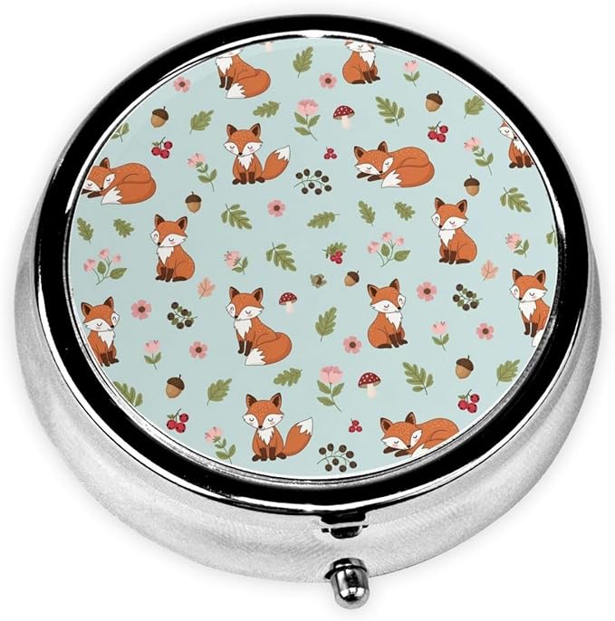 Travel Pill Organizer, Small Round Case with Mirror, Portable Pill Box for Fish Oil Vitamins, Pocket Purse Carry for Commuters, Floral Flowers Mushroom Foxes