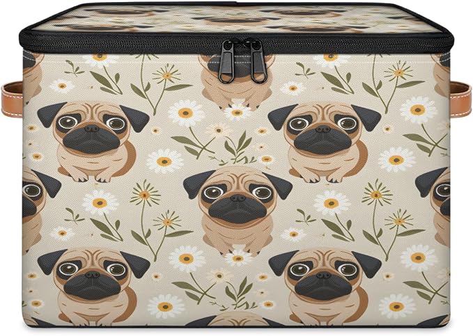 Cute Pug Dog Storage Box with Zipper Lid
