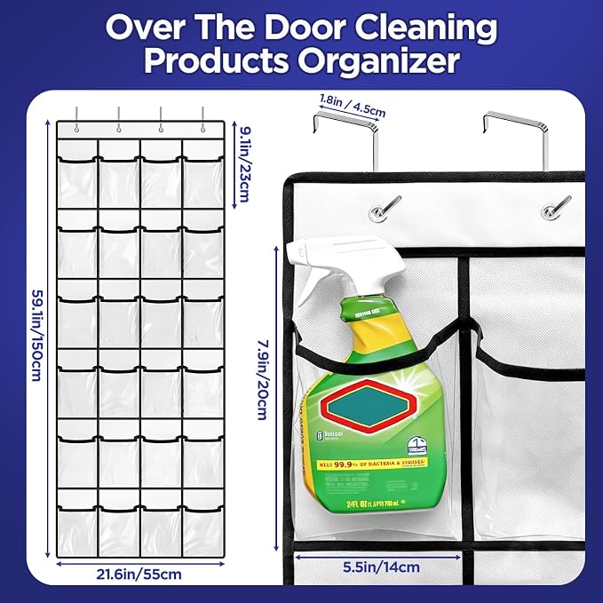 Clear Cleaning Supplies Organizer,Cleaning Products 24 Large Pockets | Over The Door All Purpose Cleaner Holder for Laundry Bathroom, Auto Glass Cleaner Organizer for Garage,Spray Bottle Holder