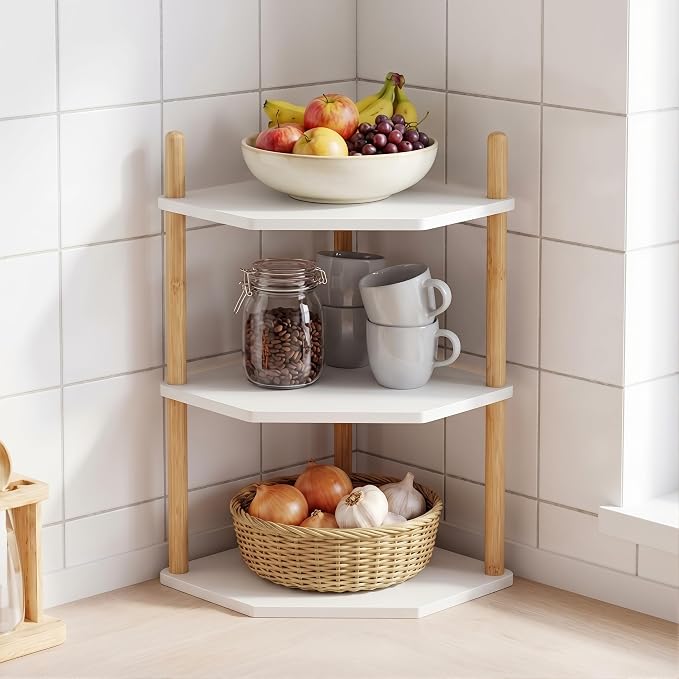 3-Tier Bamboo Corner Shelf,Kitchen Countertop Organizer,Corner Countertop Organizer Shelf, Coffee Bar Organizer,Coffee Bar Accessories,for Kitchen, Pantry, Organizers and Storage,White