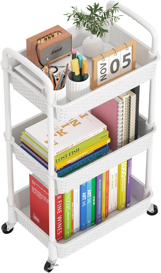 MOYIPIN 3-Tier Plastic Rolling Utility Cart with Handle,Utility Storage Cart for Office, Living Room, Kitchen,Movable Storage Organizer Shelves,White | Utility Storage Cart for Office, Living Room, Kitchen,Movable Storage Organizer，Easy installation，Ra...