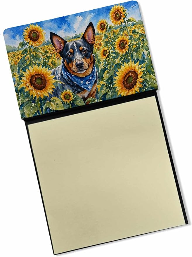 Caroline's Treasures Australian Cattle Dog in Sunflowers Watercolor Sticky Note Holder Refillable Dispenser Desk Accessory 3x3 Pad Gift