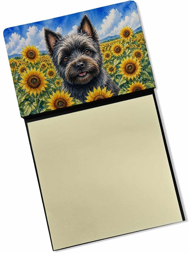 Caroline's Treasures Cairn Terrier in Sunflowers Watercolor Sticky Note Holder Refillable Dispenser Desk Accessory 3x3 Pad Gift