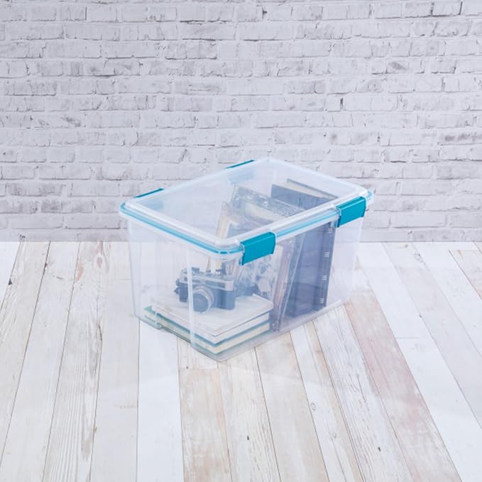 Sterilite Gasket Storage Box with Lids for Home & Office, 54 Quart, 12-Pack | Heavy-Duty, Stackable, and Organizing Containers for Bathroom, Cabinet, Closet, and Garage, Clear and Blue Aquarium Latches