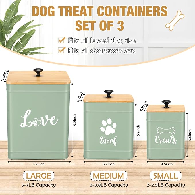 Jingmore Metal Dog Treat Containers Set of 3 with Bamboo Lids and Spoon Airtight 7+3+2 lbs Dog Food Snack Jars with DIY Labels Big Pet Cookie Storage Jar for Kitchen Counter (Sage Green,Cute)