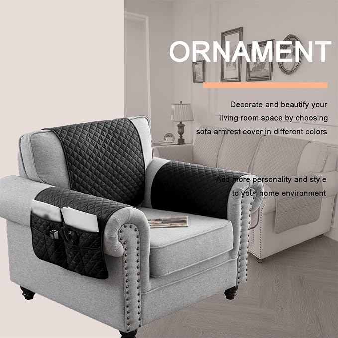 3-, 4-, or 5-Piece Quilted Recliner Armrest and Headrest Covers Set | Soft, water-resistant Six pockets organize remotes, phones, glasses and magazines quilted polyester, silicone backing