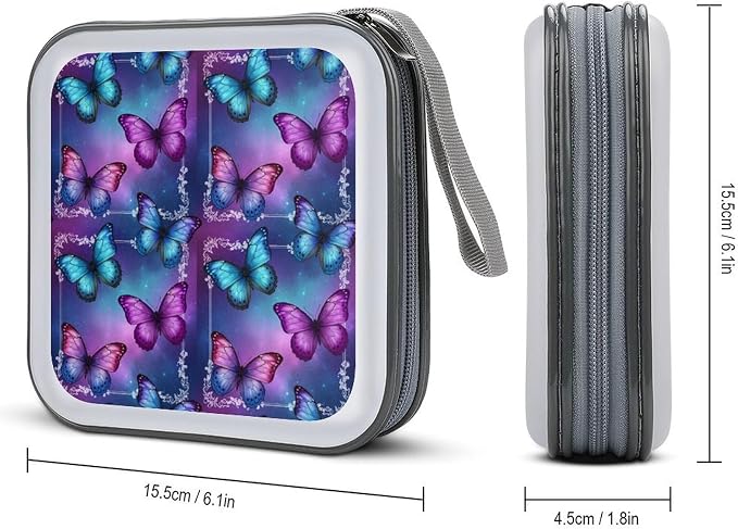40-Disc Hard Shell Storage Wallet Purple Butterfly, DVD CD Binder with Carry Strap, Portable Protective Organizer for Travel Office