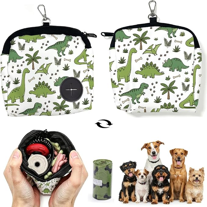 Cute Dog Treat Pouch 5.12 x 4.72 Inch Clip on Pet Treat Bag Cartoon Dinosaur Pattern Polyester Portable Snack Reward Dog Food Dispensers with 1 Roll Garbage Bags for Traveling Outdoor Use