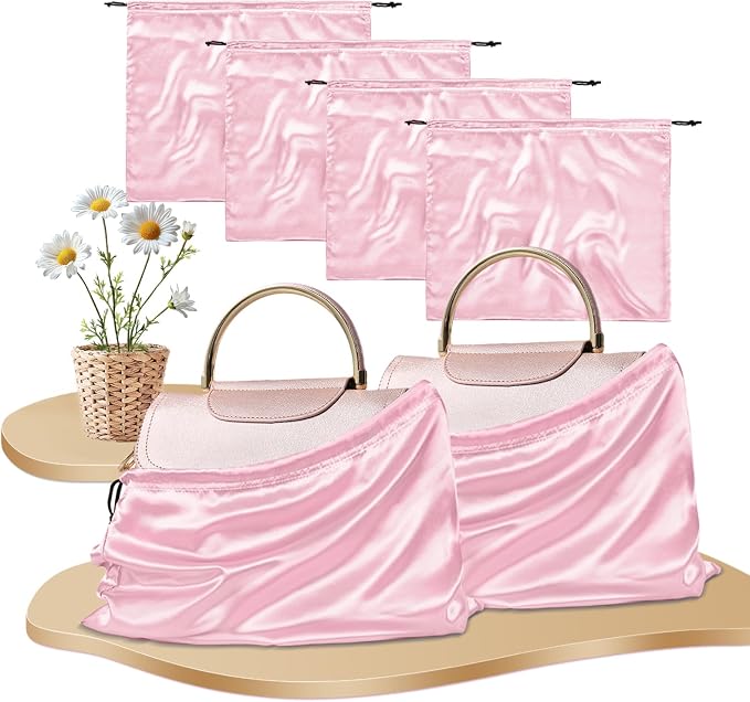RUDONG M Satin Dust Bags for Handbag, Pink, 4 Pack | Silky, Drawstring, For Storage, Travel Pouch, For Clothes Shoes