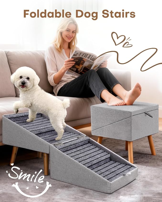 17" H Split Ottoman Dog Ramp for Couch, Foldable Dog Stairs for Small Dogs | Non-Slip,2 in 1 Pet Steps for Medium Large Dogs and Puppy, Wooden Doggie Steps