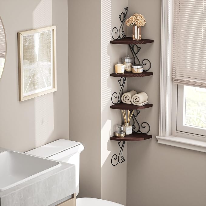Alsonerbay 4-Tier Cat Shaped Corner Floating Shelf Wall Mount, Walnut | Curved solid wood, 35.2 lbs total capacity, reinforced metal bracket, rustic decor, for bedroom, living room & kitchen