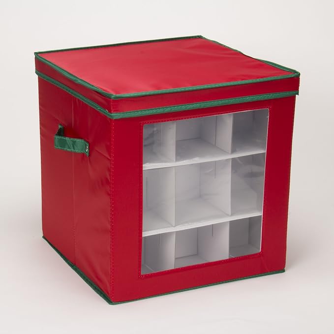 Household Essentials 27‑Piece Ornament Storage Box with Clear Front Panel and Adjustable Dividers, Red and Green