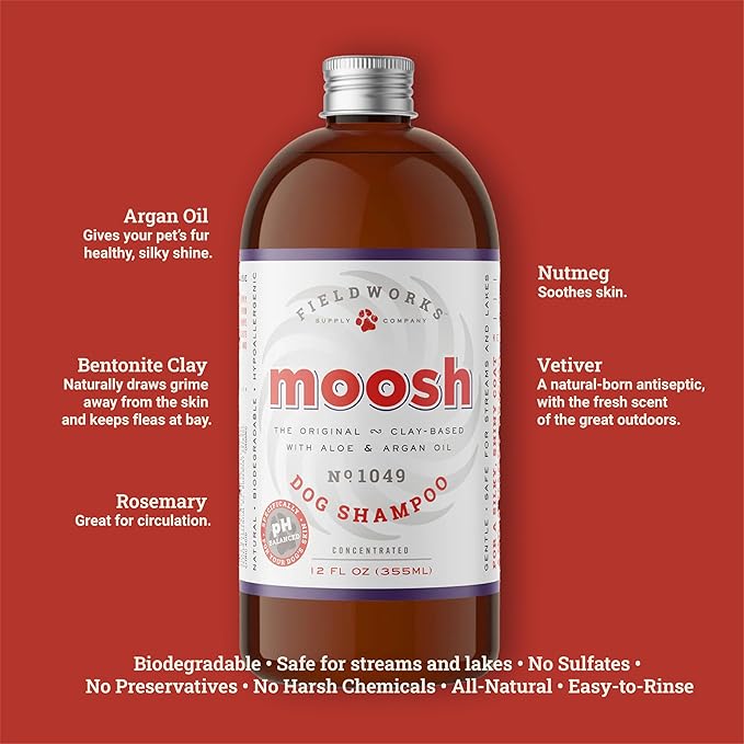 MOOSH All-Natural Dog Shampoo – Gentle for Sensitive Skin. No Sulfates, Preservatives, or Harsh Chemicals. with Bentonite Clay, Argan Oil & Aloe. Hypoallergenic, Biodegradable, 12oz.