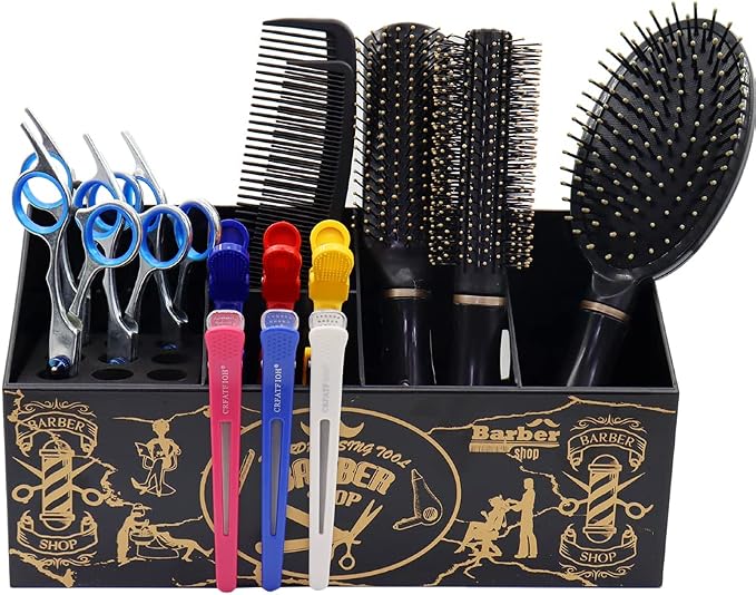 Barber Scissor Shear Holder Box, Hair Salon Supplies Acessories Tool Station Desk Organizer Case, Combs Clips Scissors Stand Storage for Stylist Groomers Hairdressers (L-Black)