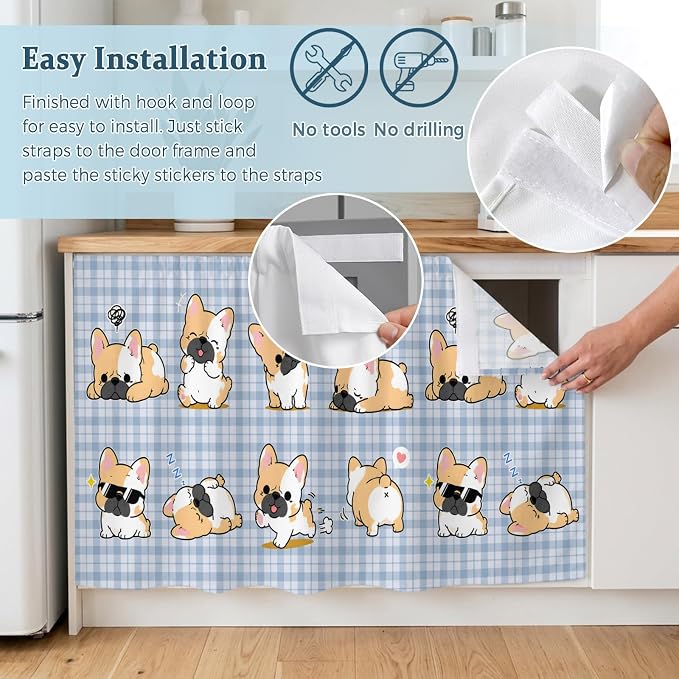 Cute Puppy Sink Skirt for Bathroom, Self-Adhesive Under Sink Curtain, Blue Purple Plaid Modern Funny Dogs Pet Hide Pipes & Storage Fabric Cabinet Skirt Cover for Kitchen Laundry 32"x55"
