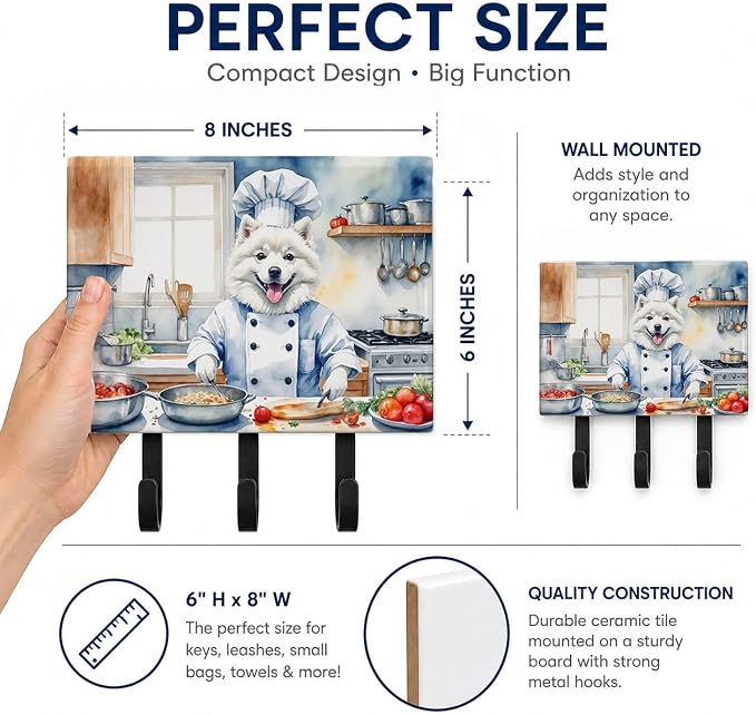 Caroline's Treasures American Eskimo The Chef Leash or Key Holder Wall Hooks, Key Hooks Holder, Coat Rack Wall Mount, Coat Hooks, Hooks for Hanging Keys, Towels, Aprons, Leashes | American Eskimo The Chef artwork on ceramic tile with three steel hooks ...