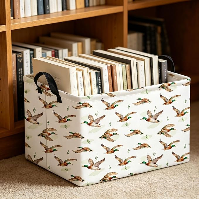 Rectangle Storage Basket with Handles,Collapsible Storage Bin,Books Box,Gift Basket(Flying Mallard)