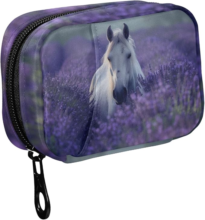 Fustylead Beautiful White Horse in Lavender Flower Field Pill Organizer Case with Zipper 2 Times A Day for Vitamin and Supplement, 7 Day Travel Organizer Medicine Case