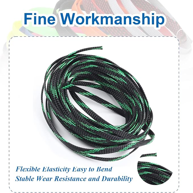 Heyiarbeit 10m/32.8ft PET Expandable Braid Cable Sleeving Flexible Wire Mesh Sleeve Black Fluorescent Green 6mm