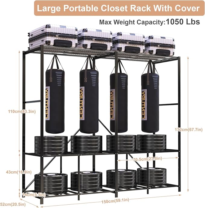 Umeiga Heavy Duty Portable Closet with Cover 1200Ibs Foldable Covered Clothes Rack for Hanging Armoire Wardrobe Closet System Freestanding Coat Storage Garment Racks 60" W x 71" H x 20" D