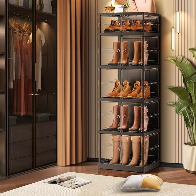CIMLORD 5-Tier Foldable Shoe Rack Organizer for Boots, 10 Pairs, Black | Collapsible Narrow Plastic Shoe Cabinet Storage, Fits Tall Boots, Stackable with Lids, Easy Assembly, for Closet & Entryway
