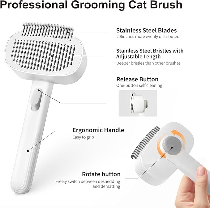 3 in 1 Self Cleaning Pet Grooming Kit : Slicker Brush & Flea Comb & Dematting Comb for Dogs and Cats, Deshedding Tool for Long & Short Haired Pets (White)