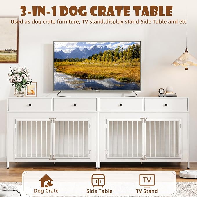 LEMBERI 44 Inch Large Dog Crate Furniture with Storage Drawers, Wooden Dog Kennel Furniture as TV Stand, Decorative Pet Cage Dog House Indoor for Dogs, White 2 Pack