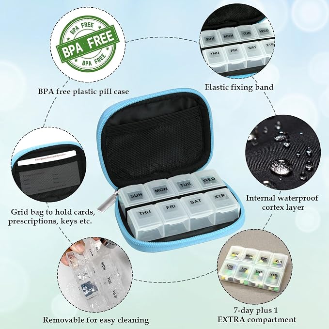 Serfeymi Weekly Travel Pill Organizer Pill Case for Purse with Removable 7 Day Pill Box, Fashionable Travel Medicine Organizer Pill Container for Medicine, Vitamin - Blue 03