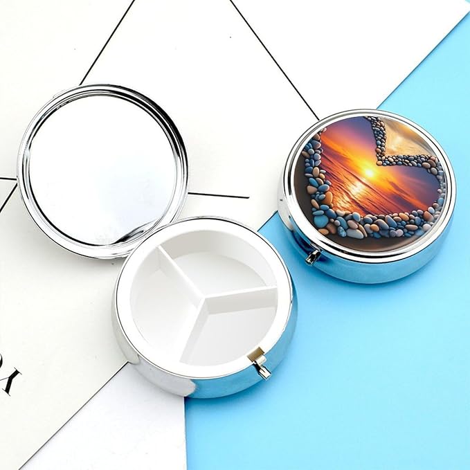 Love Beach Metal Round Pill Box, 3 Compartment Travel Organizer, Portable Pill Container with Secure Latch, 2 Inch Circular Vitamin Caddy for Pills and Vitamins, Gift for Him Her Elderly