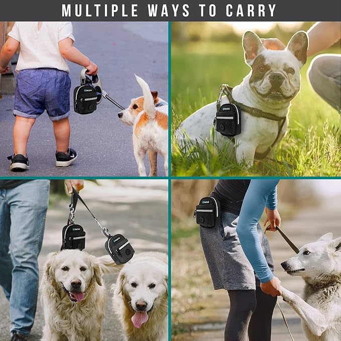 PetAmi Dog Poop Bag Holder for Leash, Waste Bag Dispenser Pet Pouch, Black | Doggy Puppy Walking Accessories Travel Camping, Dog Treat Pouch Supplies Must Have, Doggie Poo, Jogging, Walks