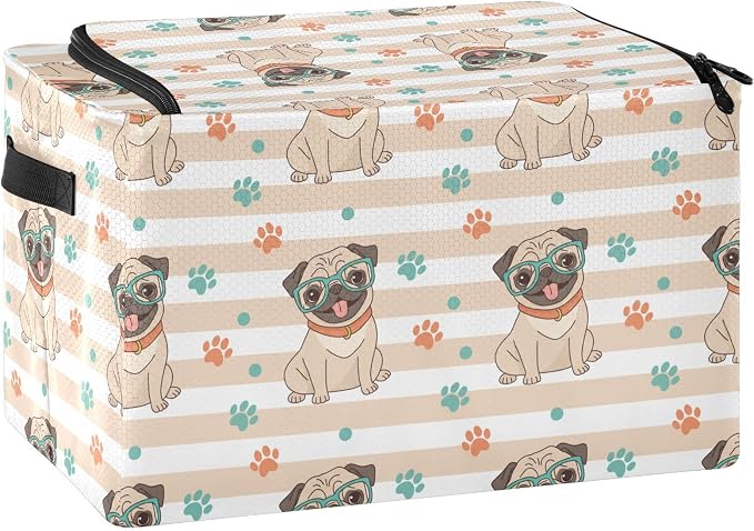 Cute Pets Pug Beige print Under Bed Storage Containers with Double Zipper Openings, Foldable Clothes Storage Bins with Clear Window and Handles for Blankets Comforters Bedding
