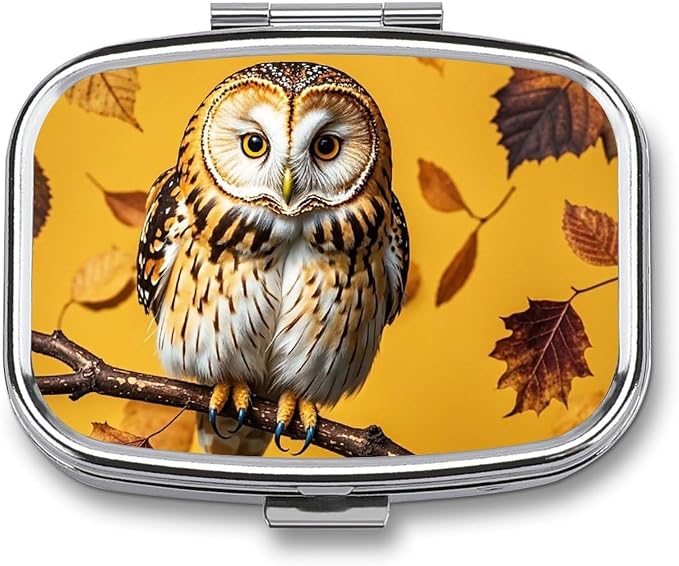 Owl Branch Pill Box 2 Compartment Medicine Pill Case Portable Pill Organizer for Pocket Or Purse Decorative Metal Medicine Vitamin Organizer