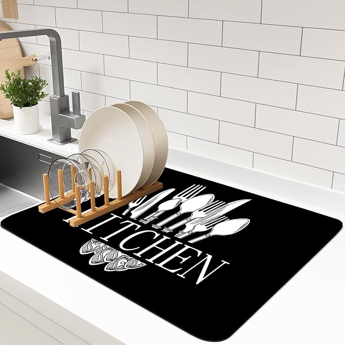 Dish Drying Mat For Kitchen Counter, 12"X20" Absorbent Coffee Bar Mat With Black Knife Fork Spoon Pattern Dish Drainer Rack Mat For Kitchen Counter (black, 12"X20")