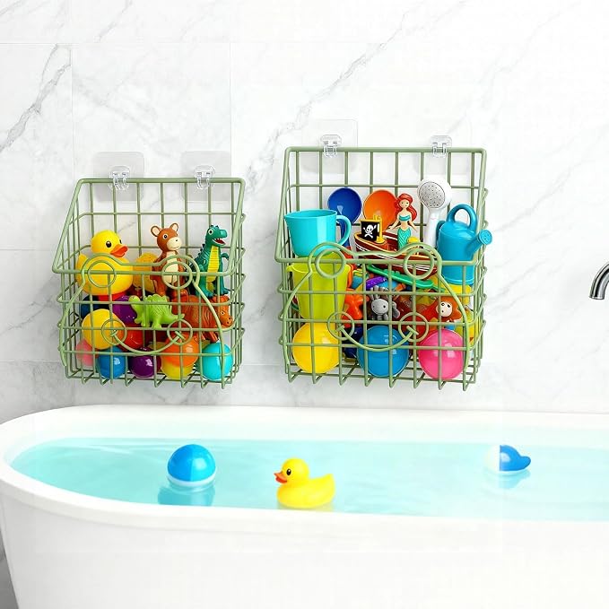 Greentainer 2 Pack Bath Toy Storage Organizer, Large Rustproof Metal Wire Basket, Wall Mounted Hanging Bathtub Holder, Bathroom Shower Caddy for Tub Toys & Toiletries