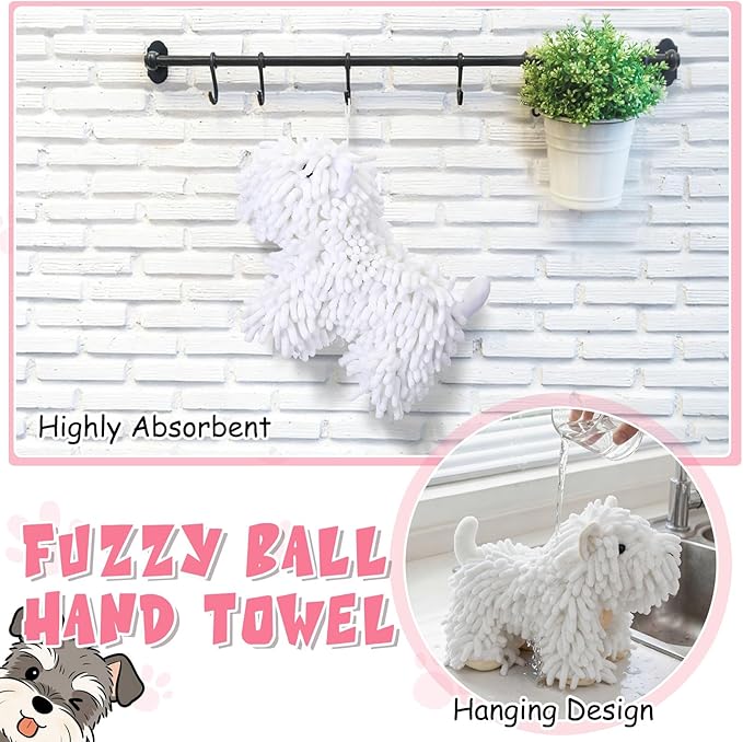 Tegeme 1 Pcs Chenille Dog Hand Towel Fuzzy Dog Towel Absorbent Microfiber Soft for Bathroom Kitchen Washstand (White)