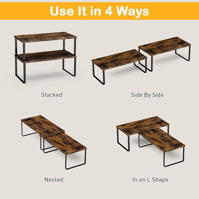 OGEMXU Cabinet Shelf Organizers, 15.7 inches Large Kitchen Counter Shelf, Set of 4 Wood Kitchen Pantry Organizer, Storage Shelves for Countertop, Spice Rack, Stackable, Expandable, Metal Black, Brown