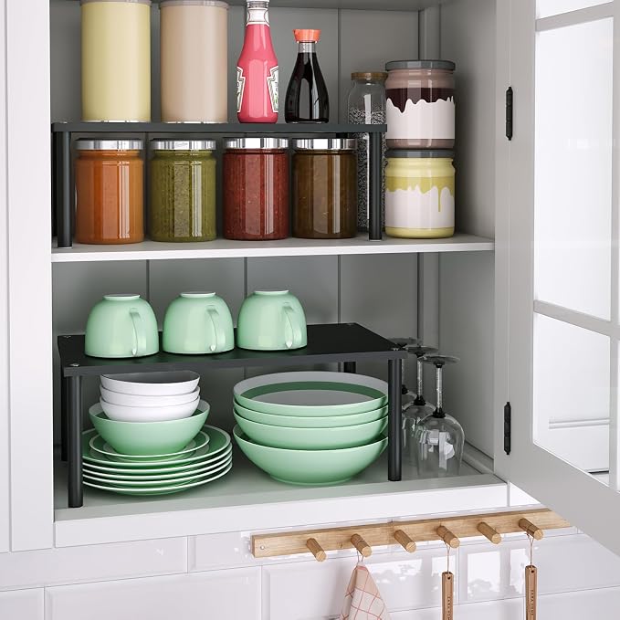 VERTORGAN 2 Pack Cabinet Organizer Shelf,Bamboo Countertop(Large,Black) | Kitchen Counter Shelves,Spice Rack Countertop and Cabinet,Cabinet Storage,Counter Organizer,Stackable Shelves