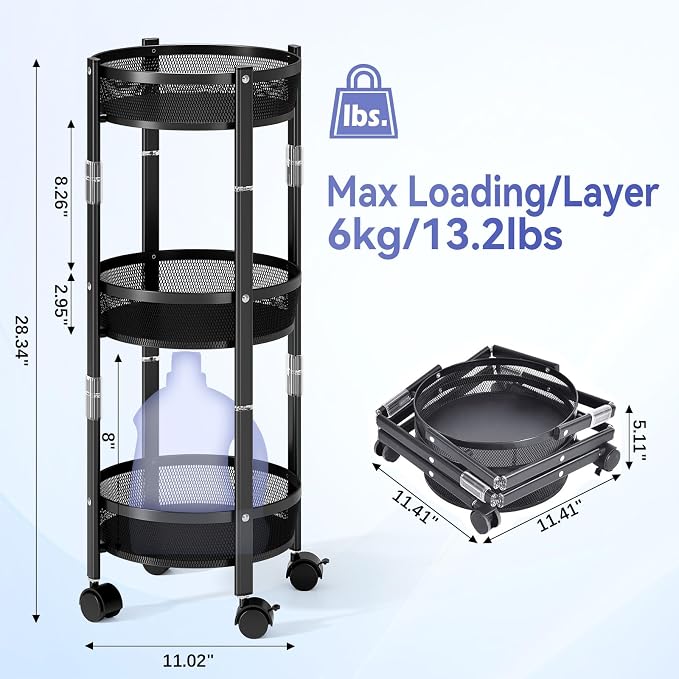 TOOLF 3 Tier Foldable Rolling Cart, Metal Utility Storage Cart, Black | Assembly-Free, Lockable Wheels, Round Trolley Organizer for Bathroom, Kitchen, Office, Dorm, Laundry, Craft Room