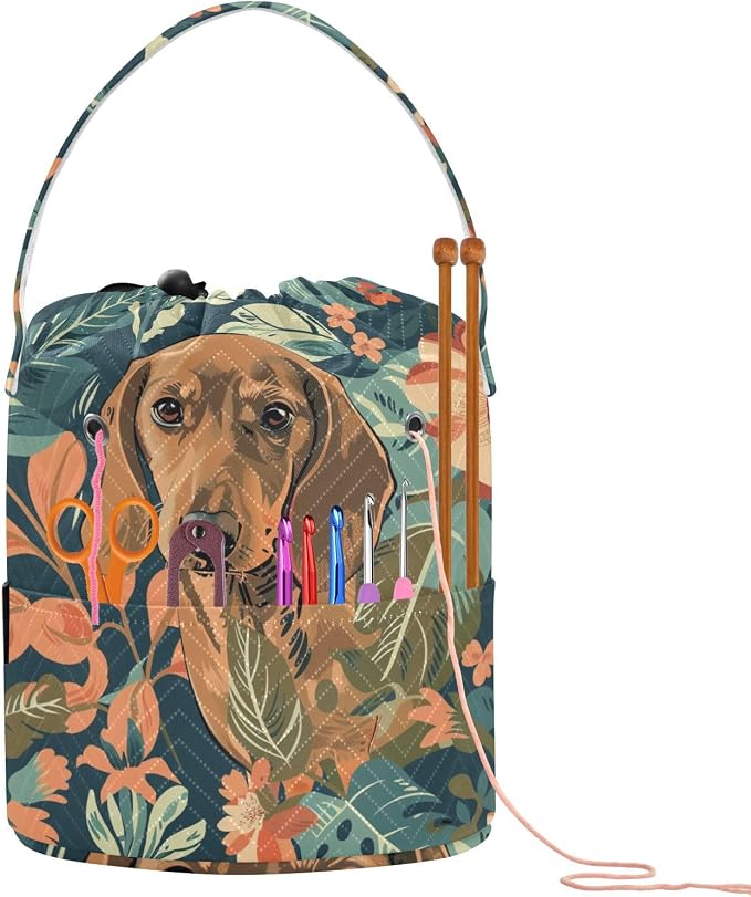 Fustylead Vintage Lovely Dachshund Dogs and Floral Knitting Yarn Storage Tote Basket, Durable Polyester Large Crochet Drawstring Bag for Crocheting Project, Sewing Supplies, Needles