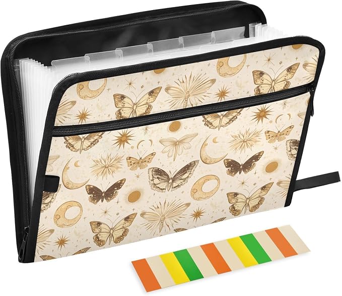 13 Pocket Zipper Expanding File Folder A4 Moon Butterfly | Accordion File Organizer with Front Pouch A4 Letter Size Portable Folders for Documents Receipt School Office Supplies