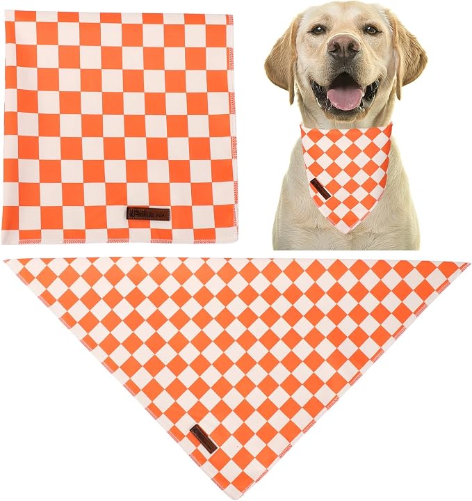 Fall Dog Bandana – Orange Gingham Plaid Triangle Scarf for Small Medium Large Dogs, Soft Cotton Pet Bib for Autumn Thanksgiving, Adjustable Dog Kerchief for Daily Wear
