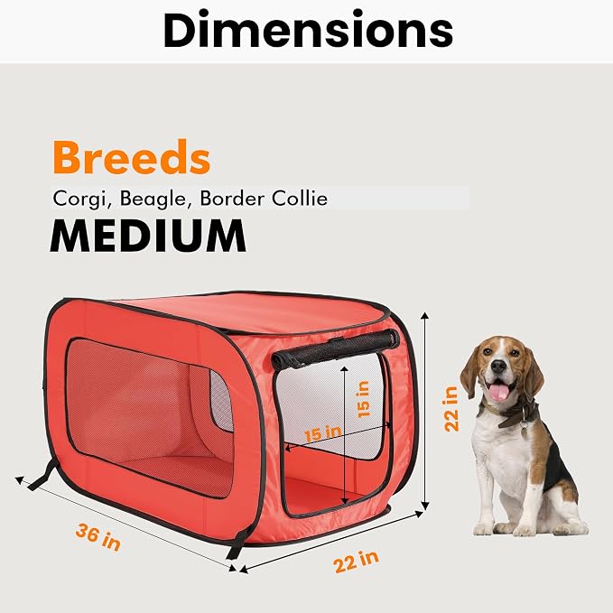 Portable Collapsible Pop Up Kennel, 36" L x 22" W x 22" H, Red | Collapsible indoor/outdoor travel cat and dog crate with mesh screen windows pops up and folds flat for easy storage