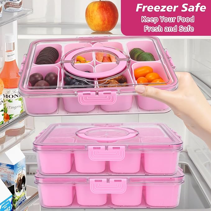 Snackle Box Snack Container Tray with Lid, Divided Serving Tray with Handle | Portable Snack Platter Fruit Veggie Trays Snackele Box Containers for Charcuterie, Party, Snack, Nuts, Beach, Travel, Picnic