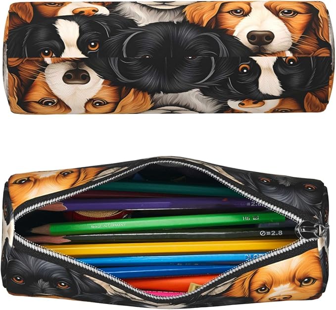 OSAM SPACE Leather Pencil Case Round Pencil Bag Cute Dogs Pen Organizer Holder Portable Zipper Pouch Cute School Supplies for Girls Boys Study Office