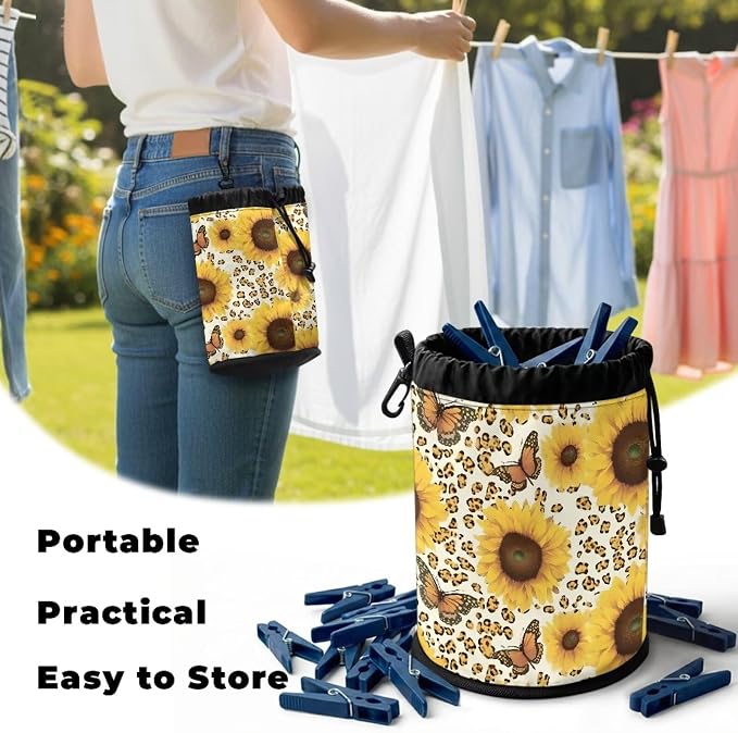 Clothespin Storage Bag with Hooks & Drawstring Closure Dragonfly Star Moon Space Saving Organizer for Clothes Pins, Hangs on Clothesline/Drying Rack