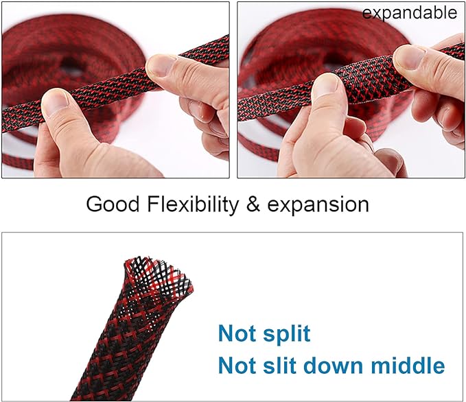 25ft - 3/8 inch PET Expandable Braided Sleeving – BlackRed – Alex Tech Braided Cable Sleeve