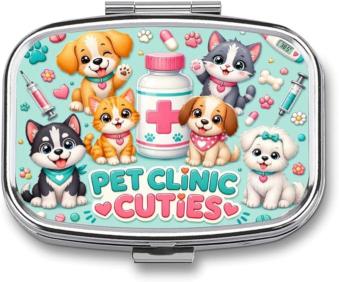 Cute Pet Clinic Playtime Party Two Compartment Pill Box Medicine Organizer, Portable Pill Case with Secure Snap Closure for Vitamins Medication Supplements Daily Use