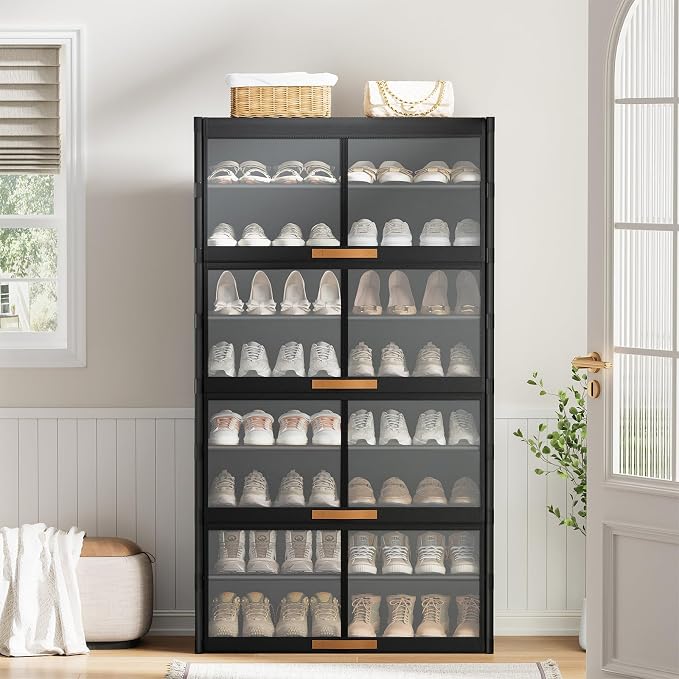 9 Tier Shoe Cabinet with Doors, 36-Pair Storage, Black | Max Capacity for Large Families, Transparent Doors for Fast Shoe Selection, Customize Layers for Boots Heels