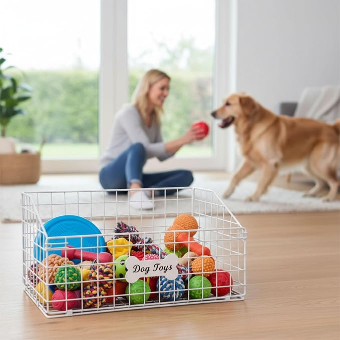 Dog Toy Bin-Dog Toy Basket-Metal Storage Box-Chew-Proof Dog Food Toy Storage Container-Dog Storage Organizer-For Puppy Leash,Accessories,Blanket Food Storage Container-(White)